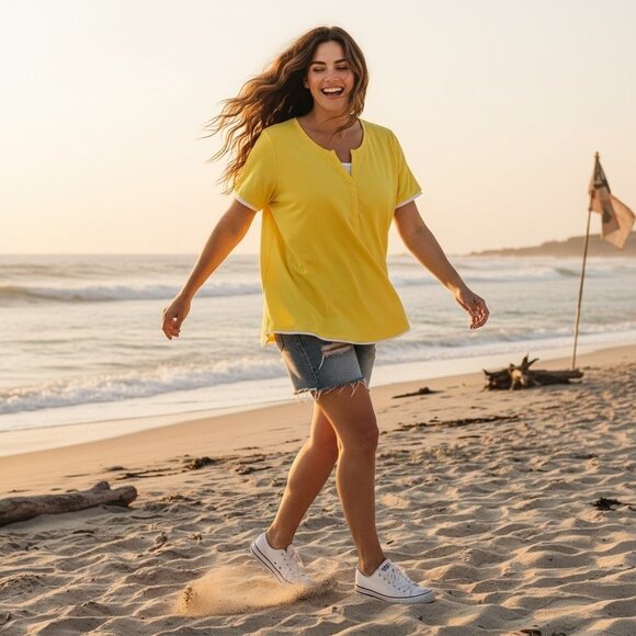 Woman Within Tops - Woman Within Top Plus Size 4X Yellow White Piping Cap Sleeve Top Casual Beachy